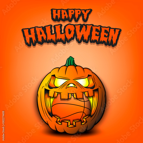 Happy Halloween. Basketball ball inside frightening pumpkin. The pumpkin swallowed the ball with burning eyes. Design template for banner, poster, greeting card, party invitation. Vector illustration