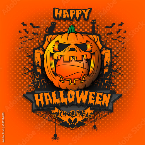 Happy Halloween. Basketball ball inside frightening pumpkin. Cats, bats, spiders, trees, crosses. Design template for banner, poster, greeting card, flyer, party invitation. Vector illustration
