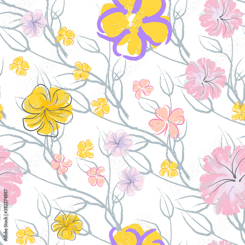 Pink Flowers Blooming Pattern. Pastel Watercolor.