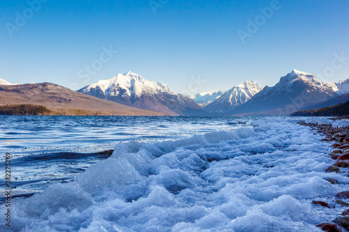 Icy shore of Lake McDonald  Glacier National Park  Montana