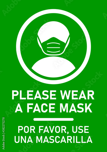 Bilingual Vertical Instruction Sign in English and Spanish with Phrases "Please Wear a Face Mask" and "Por Favor, Use Una Mascarilla". Vector Image.