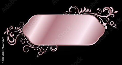 Rose golden shiny glowing ornate frame isolated over black
