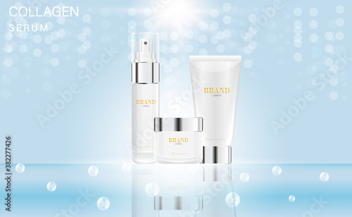 Cosmetic skincare set ads with strong sunbeam and clear white wall background in 3d illustration