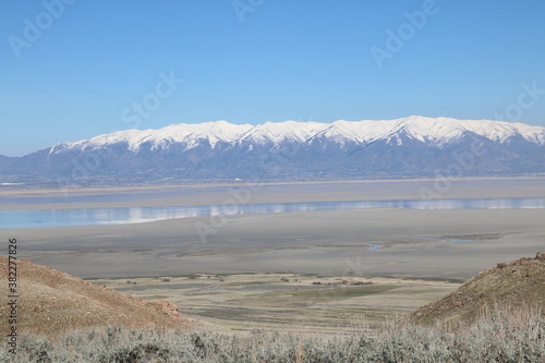 Antelope Island  Great Salt Lake and snowcapped Wasatch mountains  Utah