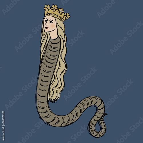 Fantastic lady snake in royal golden crown. Lilith. Hand drawn colorful sketch.