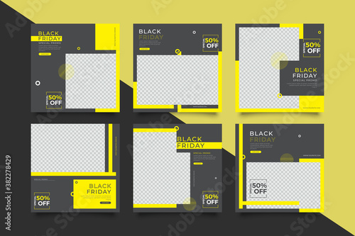  Black Friday sale banner set. Social media post or web ads design template. Price off discount background. Vector illustration