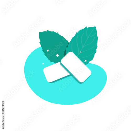 Mint-flavored gum pads. Fresh green mint leaves. Product for fresh breath. Chewing gum for healthy teeth and oral hygiene. Vector illustration isolated on a white background