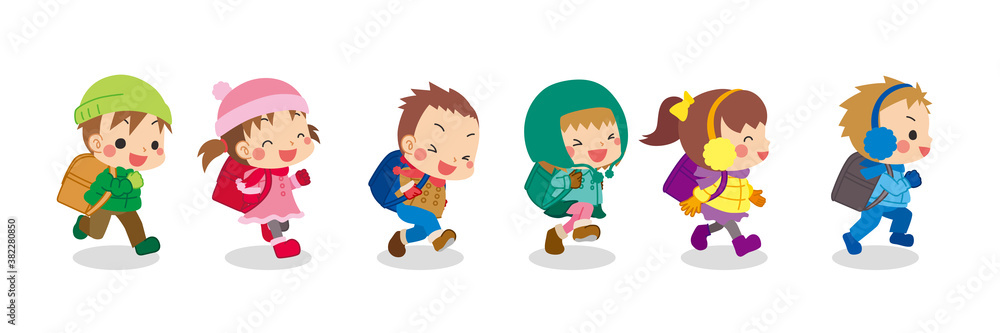 元気に走り回る可愛い小学生仲良しグループのイラスト Stock Vector Adobe Stock