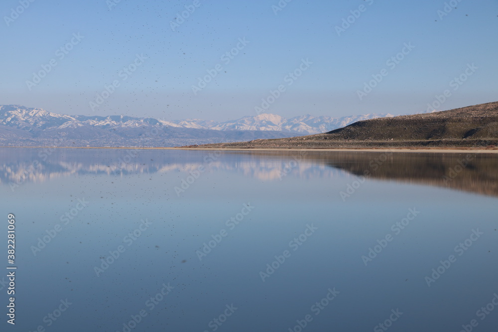 Reflections of Wasatch Mountains in the Great Salt Lake, Antelope Island State Park, Utah