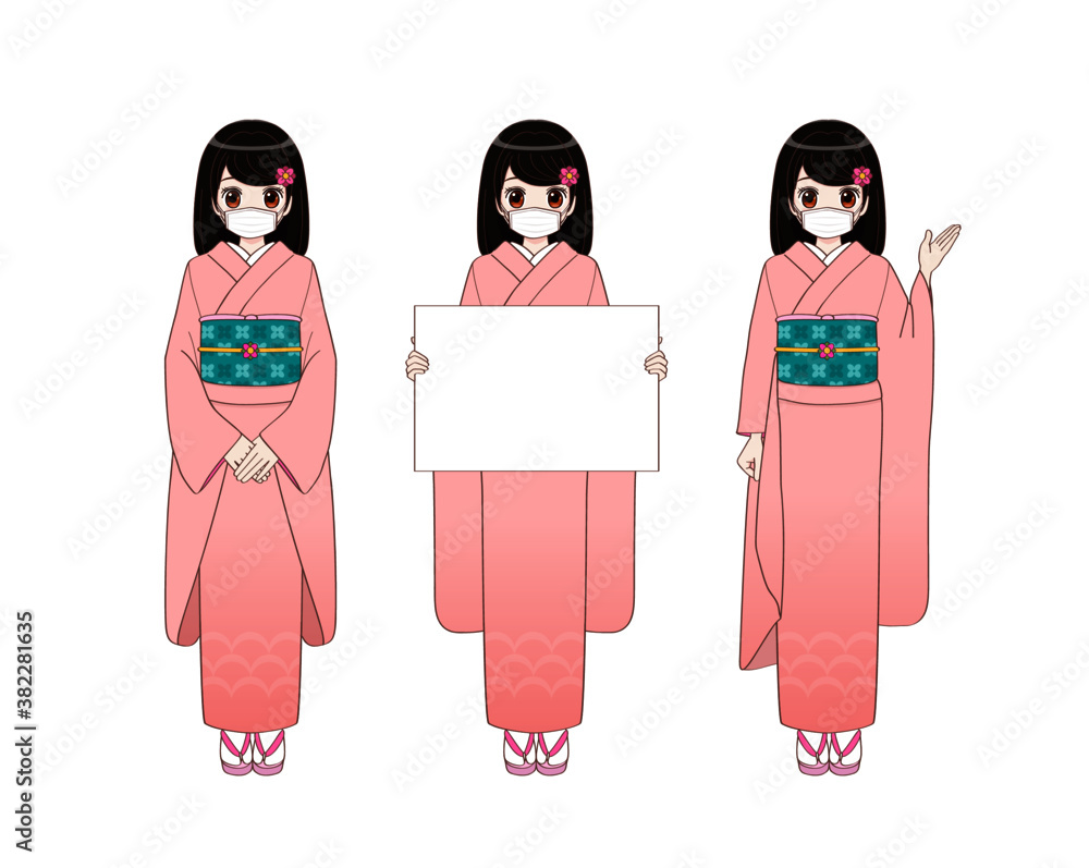 マスクをつけた着物姿の女の子。アニメ風。Anime Girl in Kimono Wear and Medical Mask (vector  set). Векторный объект Stock | Adobe Stock