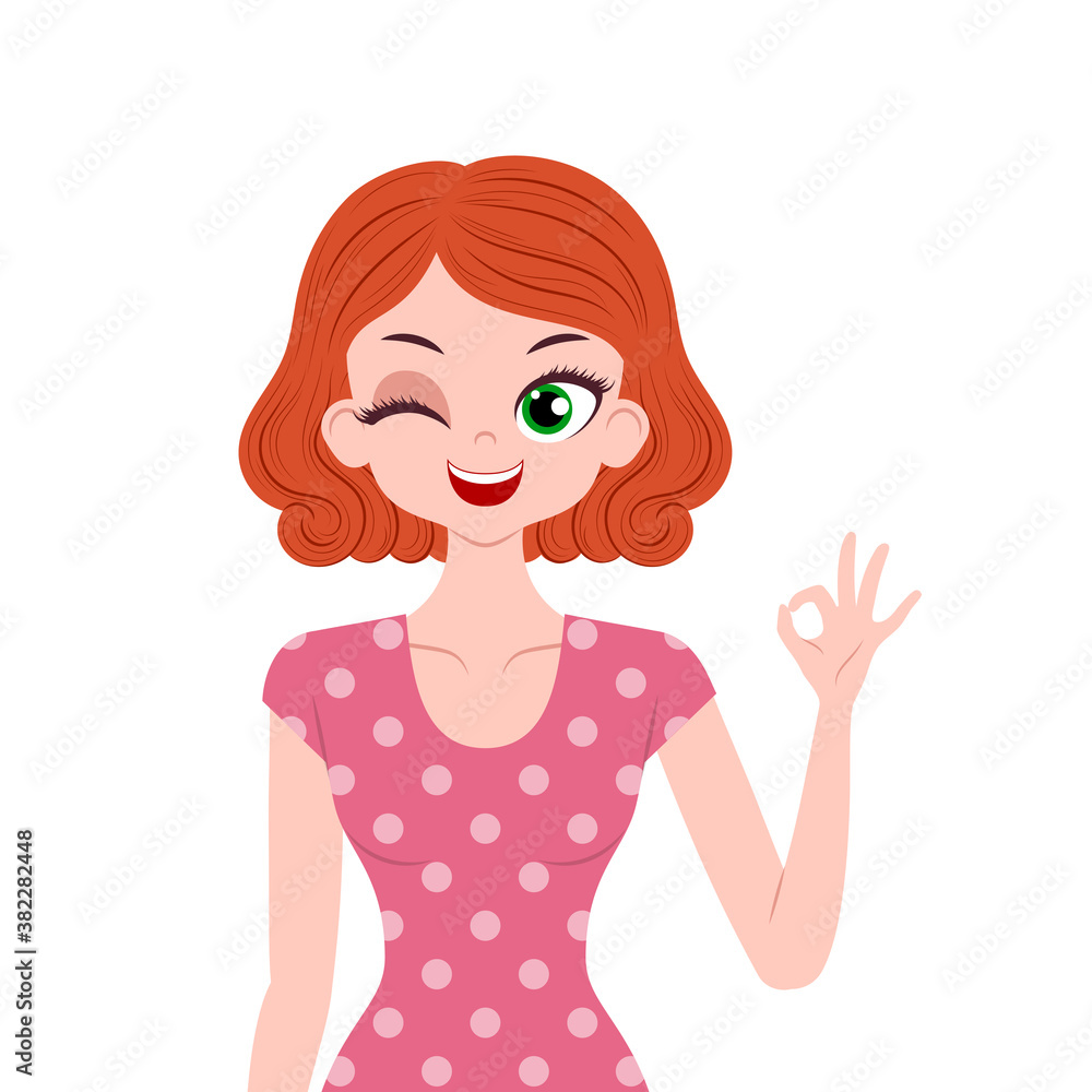 Young woman character gesturing ok sign isolated on white background Young woman character gesturing ok sign isolated on white background