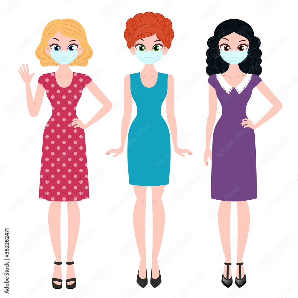 Young women characters wearing medical mask isolated on white background Young women characters wearing medical mask isolated on white background