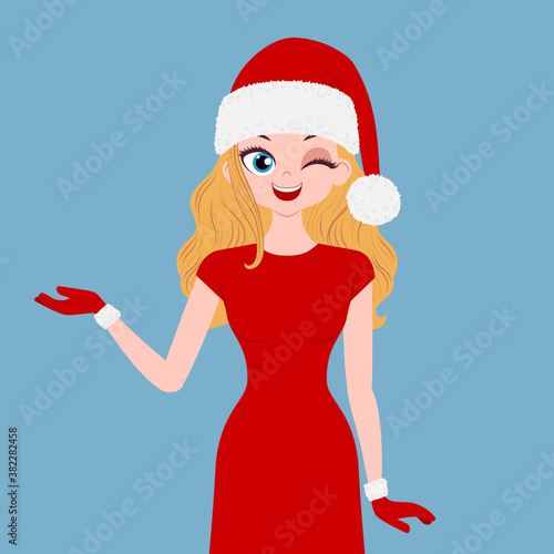 Young woman character wearing santa hat and mittens. Christmas design element