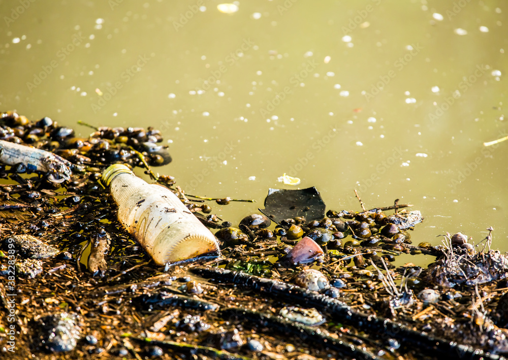 Obraz premium Plastic scrap in the water, rural canal Chiangmai Thailand