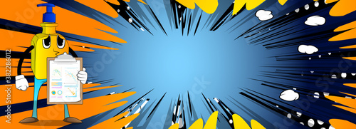 Cartoon bottle of hand sanitizer gel for hygiene with face shows finance report.