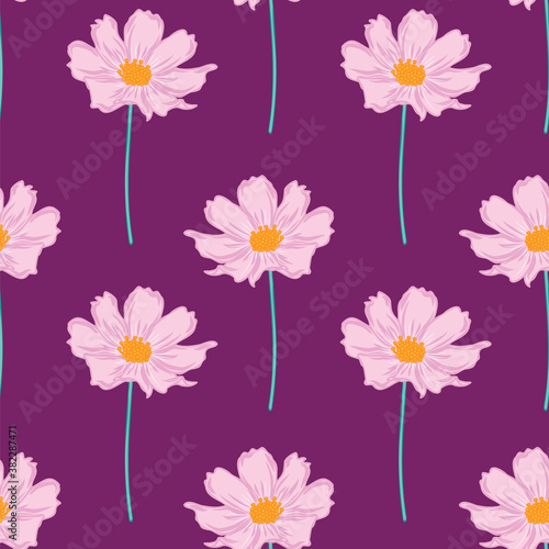 Floral seamless pattern with cosmos flower. hand drawing flowers on purple background design.