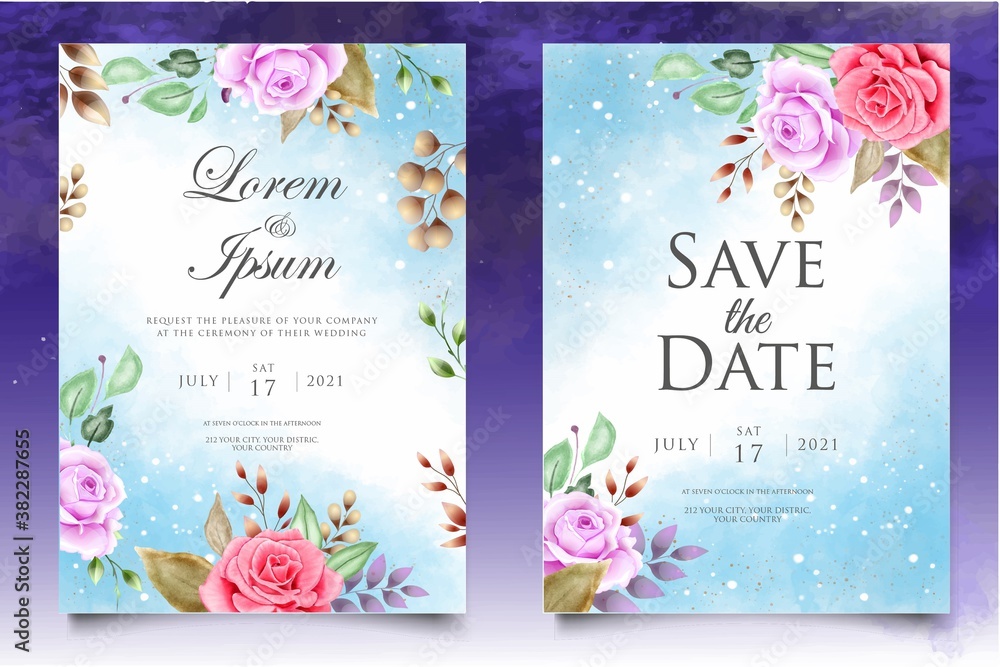 Hand drawn watercolor floral wedding invitation card template