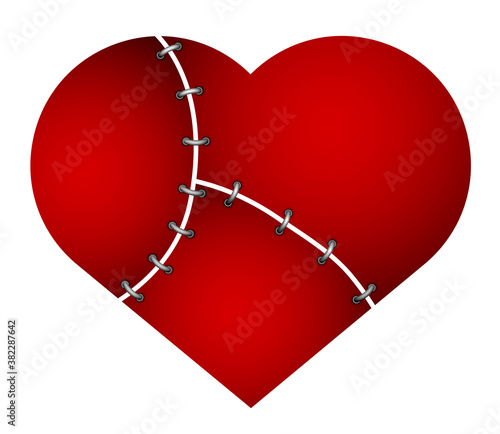Broken heart with a wound sewn up with wire. Problems in family relationships, treason. Divorce of a married couple. Vector