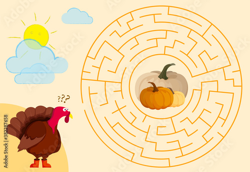 Children games. Round maze, labyrinth. Hungry turkey. Help the turkey find its way through the maze to pumpkins and have lunch. Vector