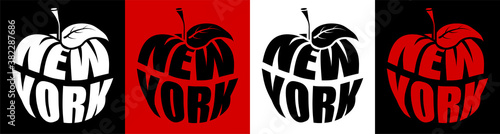 New York is big apple, metropolis of America. Name NY in shape of apple. Sticker for web design. Vector