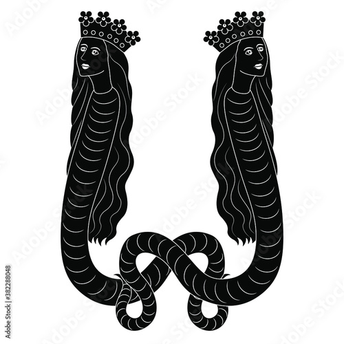 Symmetrical decor with two fantastic lady snakes in royal crowns. Lilith or Melusine. Medieval art. Black and white silhouette.