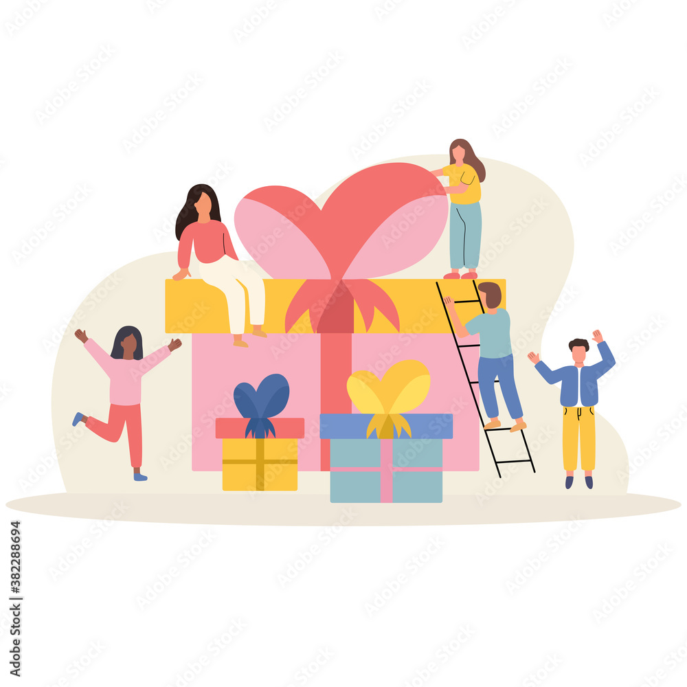 Happy friends celebrating birthday with each other. Present boxes. People giving gift in the party. Vector illustration in flat cartoon design. Holiday, Christmas, Happy new year, festive event. 