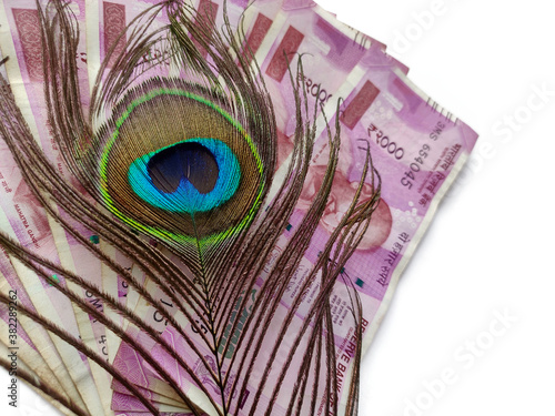 Peacock feathers on money background of two thousand rupees currency space for text and white background