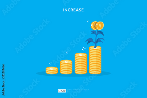 Plant money coin tree growth illustration for Investment Concept. income salary rate increase concept with people character and dollar symbol. Business profit performance of return on investment ROI