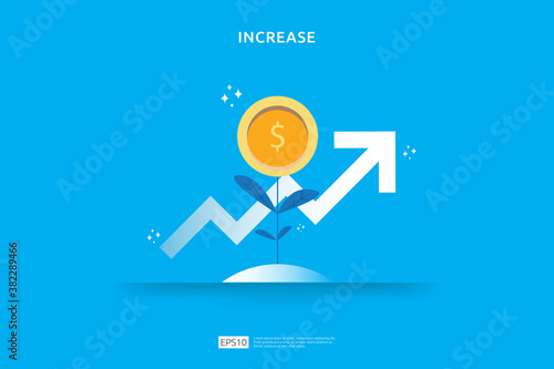 Plant money coin tree growth illustration for Investment Concept. income salary rate increase concept with people character and dollar symbol. Business profit performance of return on investment ROI