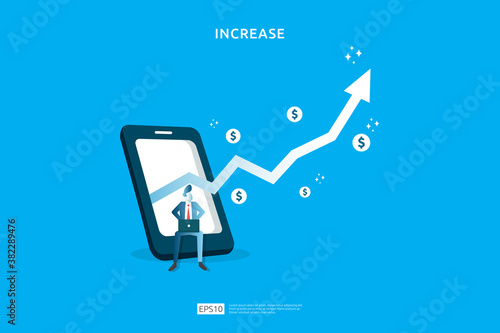 salary rate increase with growth up arrow and people character. business profit grow or income margin management revenue. Finance statistic performance of return on investment ROI illustration concept