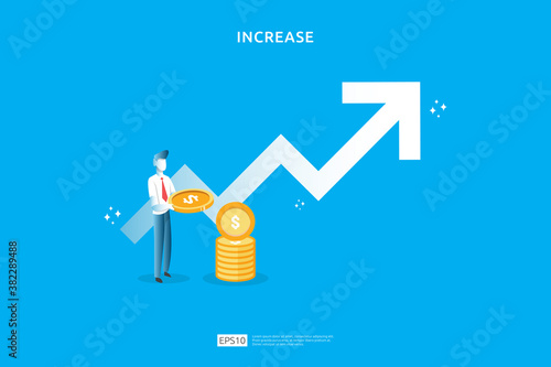 salary rate increase with growth up arrow and people character. business profit grow or income margin management revenue. Finance statistic performance of return on investment ROI illustration concept