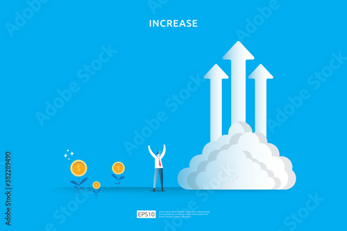 salary rate increase with growth up arrow and people character. business profit grow or income margin management revenue. Finance statistic performance of return on investment ROI illustration concept