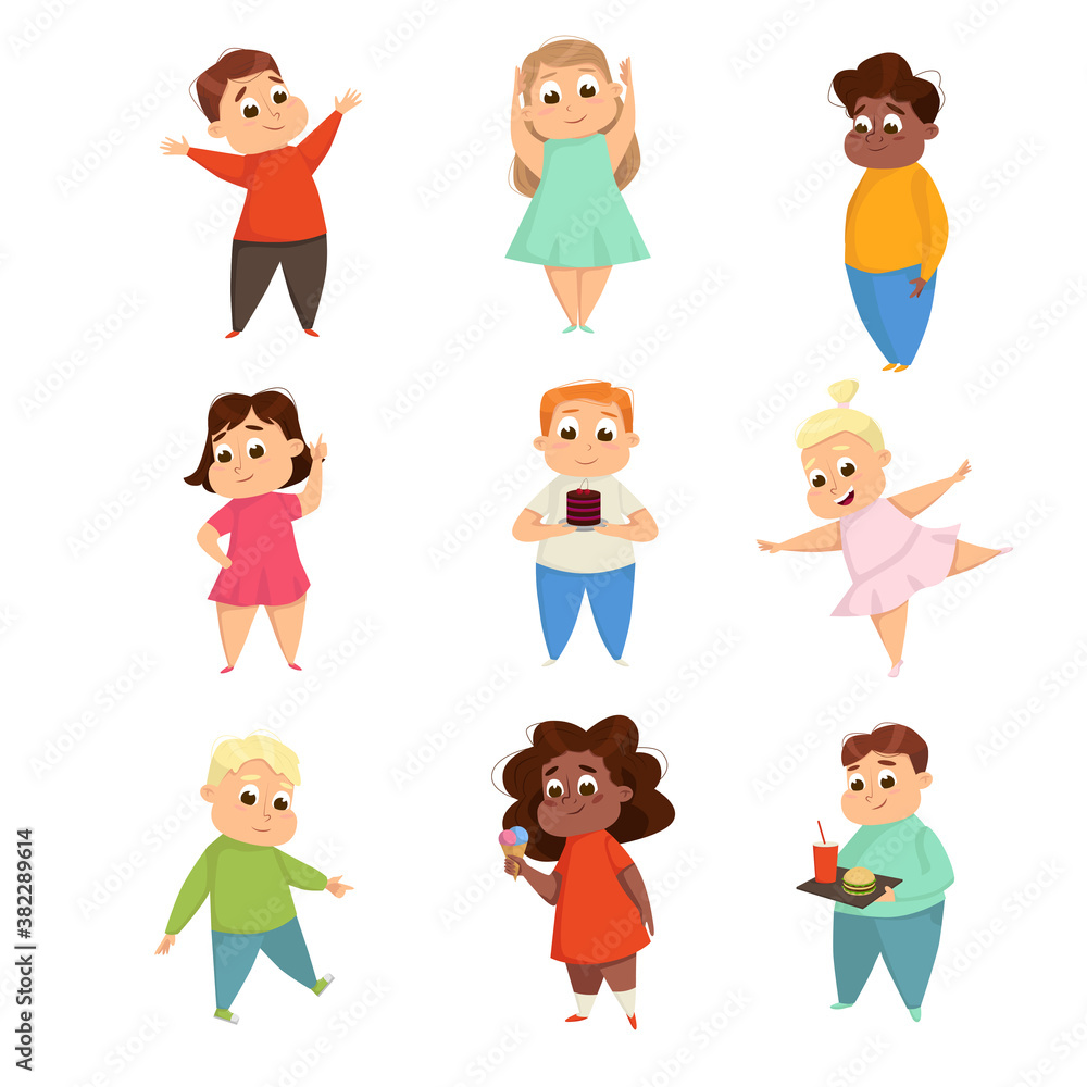Overweight Chubby Girls and Boys, Cute Plump Kids Characters Doing Sports Exercises and Eating Fast Food Cartoon Style Vector Illustration Overweight Chubby Girls and Boys, Cute Plump Kids Characters Doing Sports Exercises and Eating Fast Food Cartoon Style Vector Illustration