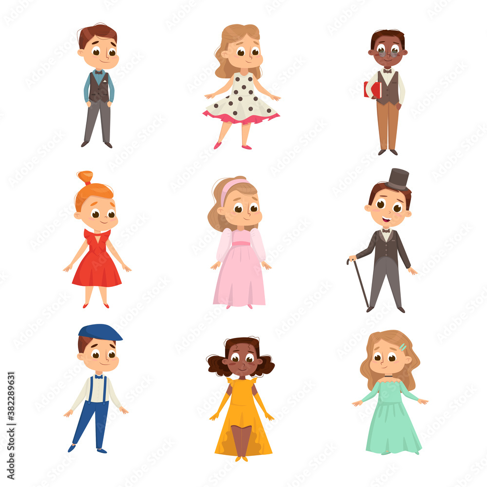 Cute Kids in Elegant Clothes Set, Cute Boys and Girls Wearing Retro Clothes Cartoon Style Vector Illustration Cute Kids in Elegant Clothes Set, Cute Boys and Girls Wearing Retro Clothes Cartoon Style Vector Illustration
