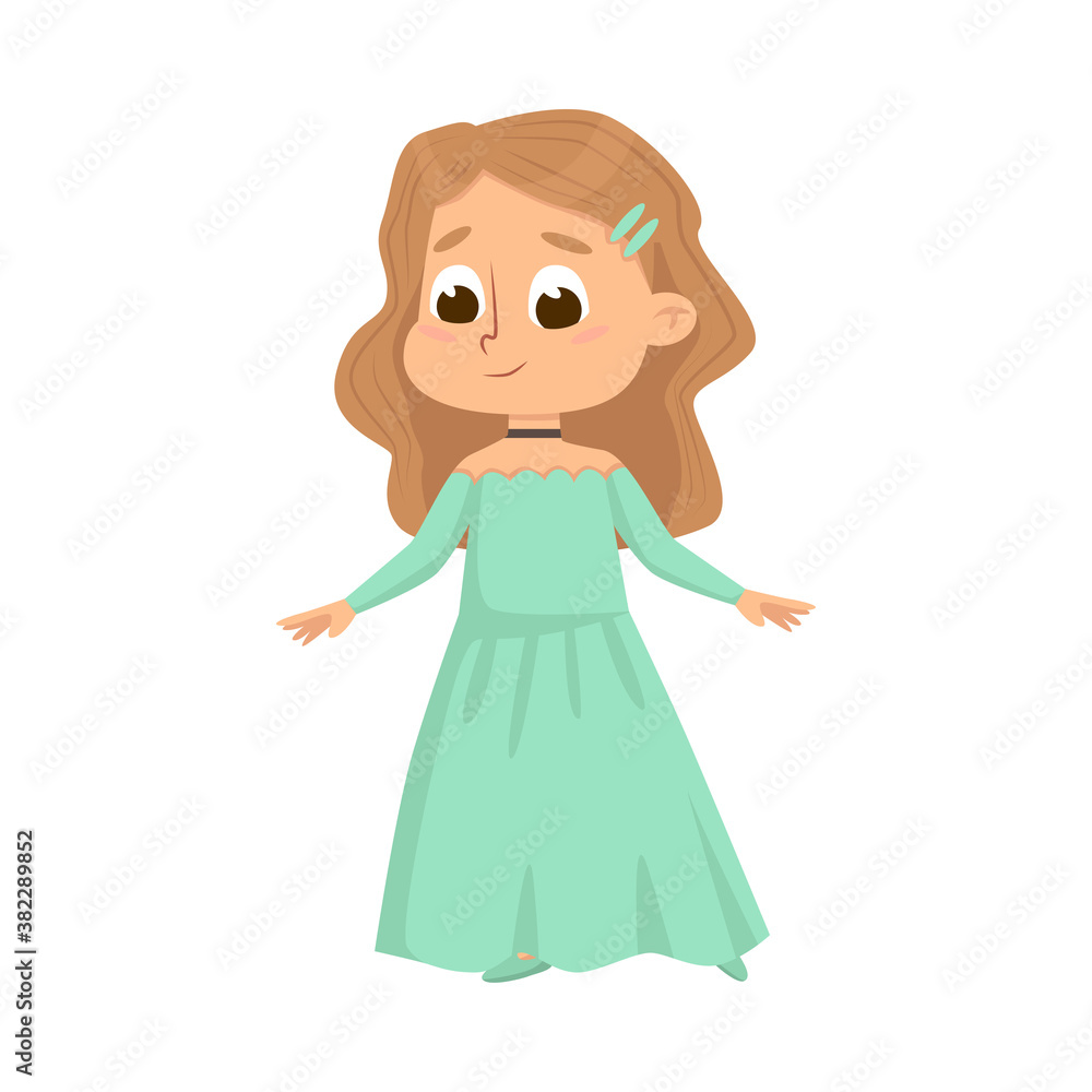 Beautiful Little Girl in Elegant Green Dress, Cute Kid Wearing Retro Nice Clothes Cartoon Style Vector Illustration Beautiful Little Girl in Elegant Green Dress, Cute Kid Wearing Retro Nice Clothes Cartoon Style Vector Illustration