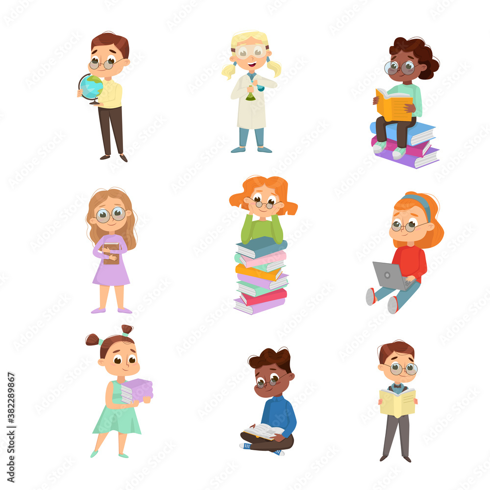 Cute Intelligent Kids Reading Books Set, Education and Knowledge Concept Cartoon Style Vector Illustration Cute Intelligent Kids Reading Books Set, Education and Knowledge Concept Cartoon Style Vector Illustration