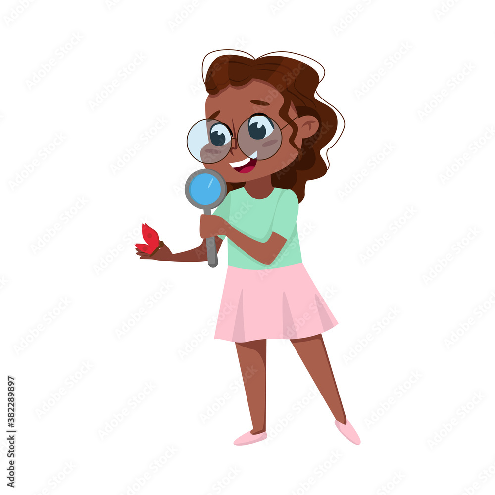 Cute Intelligent African American Girl Examining Butterfly through Magnifying Glass, Education and Knowledge Concept Cartoon Style Vector Illustration