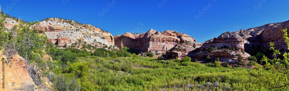 Lower Calf Creek Falls views from the hiking trail Grand Staircase-Escalante National Monument between Boulder and Escalante off Highway 12 in Southern Utah. United States. Lower Calf Creek Falls views from the hiking trail Grand Staircase-Escalante National Monument between Boulder and Escalante off Highway 12 in Southern Utah. United States.