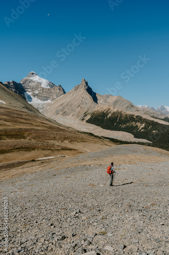 Adventurous man/hiker hiking Mount Arenthusa trail in Kananaskis Country, Alberta, Canada. Golden larches trees, seasonal landscape view.