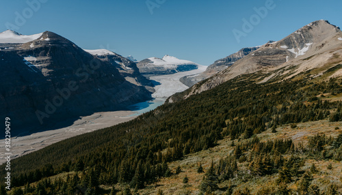 Panorama landscape view to Saskatchewan Glacier part of the Columbia Icefield on the border of Jasper and Banff National Parks from the Parker's Ridge hiking trail, Canadian Rockies, Alberta, Canada
