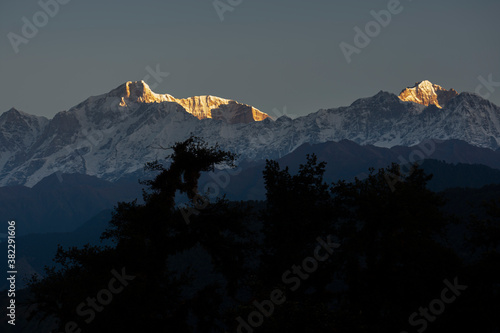 view of kedarnath peak and other peaks from chopta valley of uttarakhand in a october morning photo