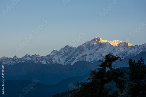 view of kedarnath peak and other peaks from chopta valley of uttarakhand in a october morning photo