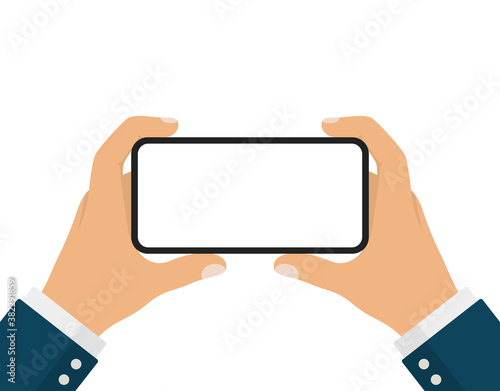 Businessman Hand Holding Black Smartphone with White Screen in Horizontal Position or Landscape Mode.
