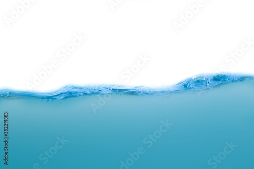 Water waves and light blue water droplets crystal clear on white background