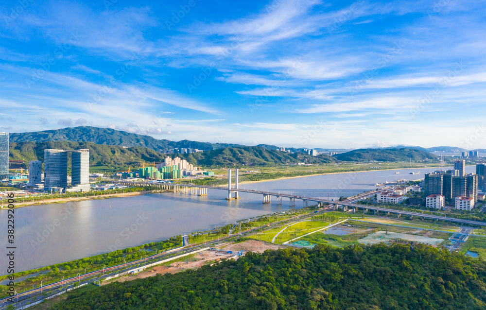 Fototapeta premium Aerial scenery of Hengqin bridge in Zhuhai City, Guangdong Province, China