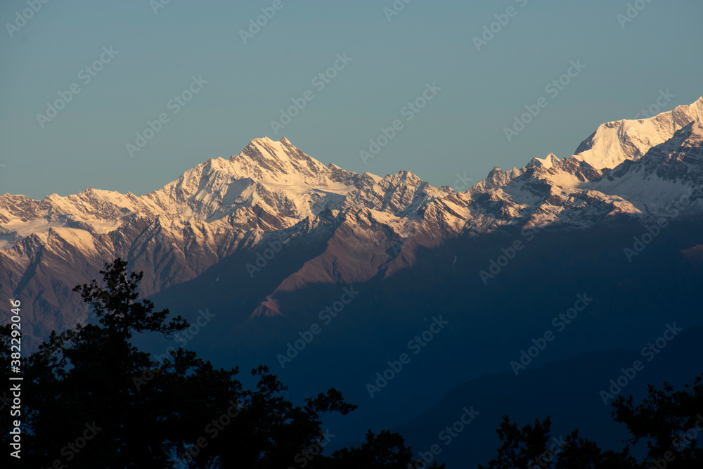 view of kedarnath peak and other peaks from chopta valley of uttarakhand in a october morning