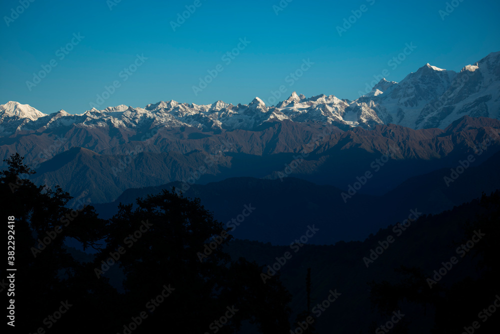 view of kedarnath peak and other peaks from chopta valley of uttarakhand in a october morning
