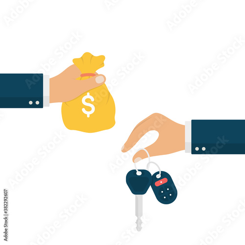 Buy a Car Concept. Hand Holding Bag of Money and Hand Over Car Key. Buy Car. Sell Car.