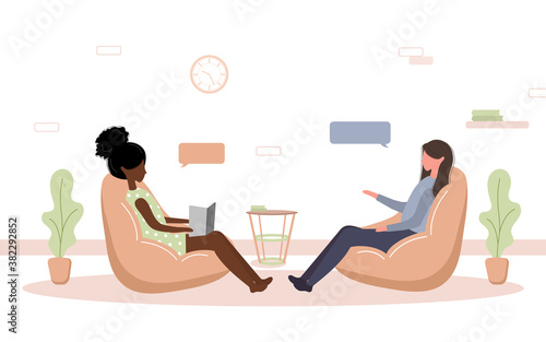 Psychotherapy practice and psychological help. African woman supports female with psychological problems. Therapy and counselling for people under stress and depression. Vector in flat style.