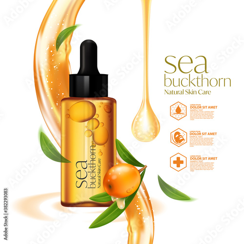 Sea buckthorn. Fresh ripe berries with leaves essential oil Natural Skin Care Cosmetic